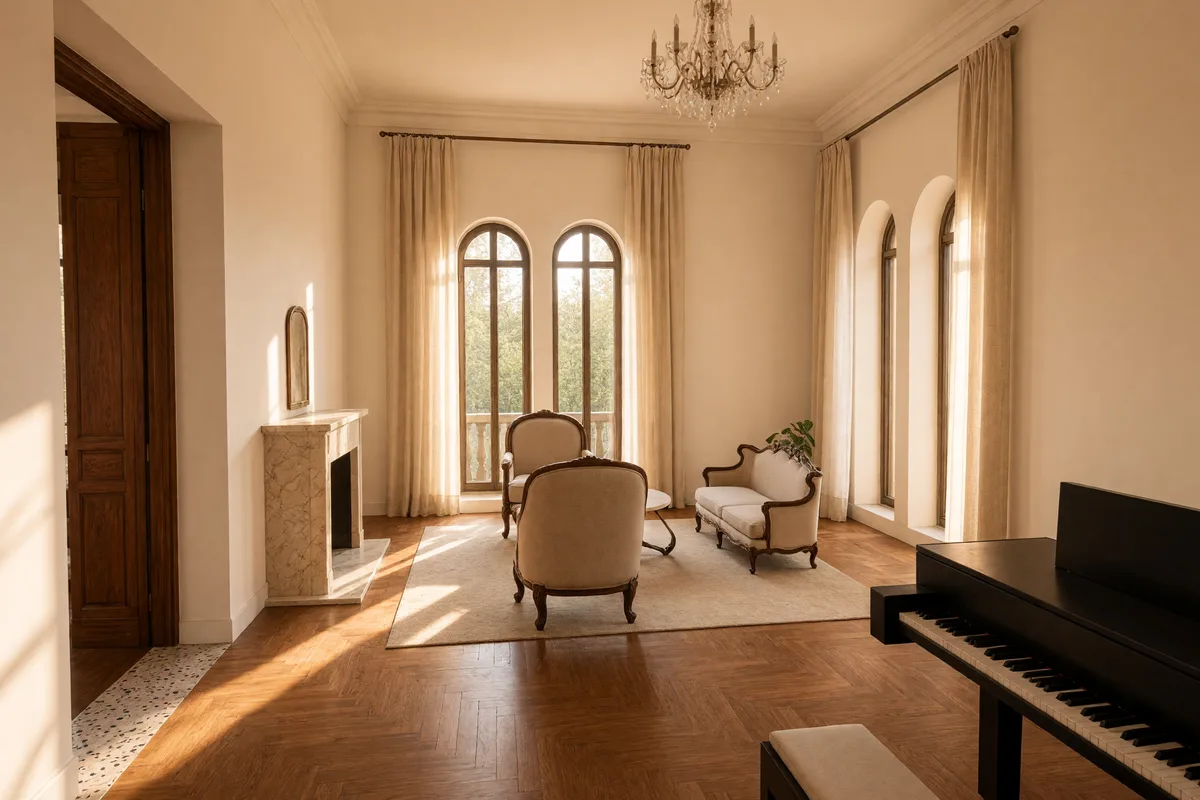 Umberto I Palace: il salone d'angolo dell'appartamento al primo piano, con il camino in Botticino e le bifore